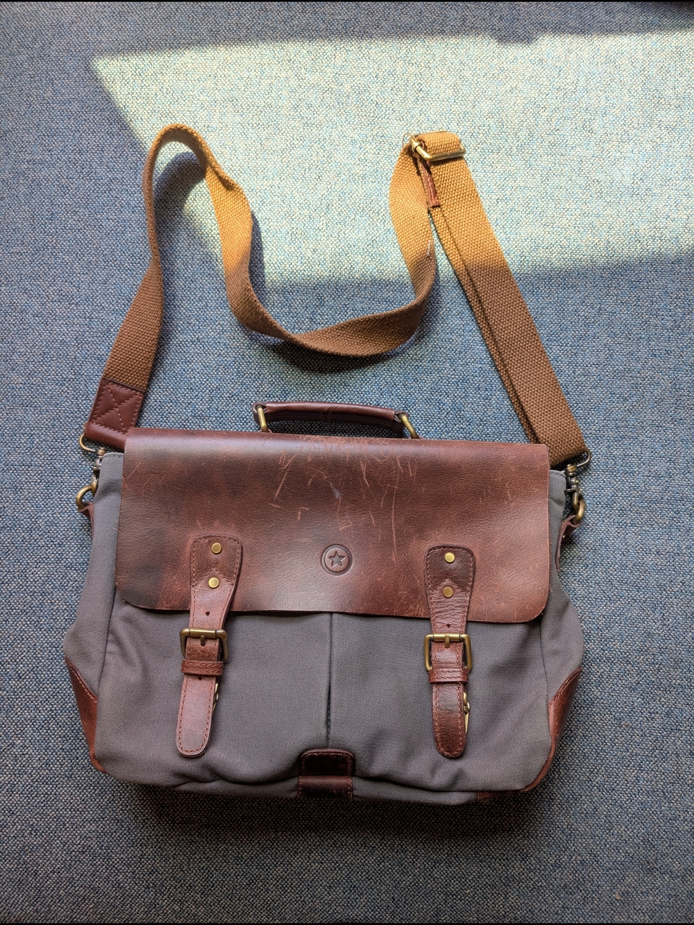 Men's Brown Leather-Trim Gray Canvas Messenger Bag